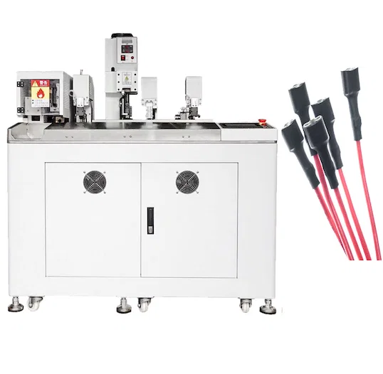 Machine d insertion de gaine thermorétractable, torsadage, étamage et sertissage
